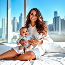 A smiling woman with long, wavy hair sits on a white bed, wearing a loose, white button-up dress