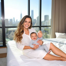 A smiling woman with long, wavy hair sits on a white bed, wearing a loose, white button-up dress