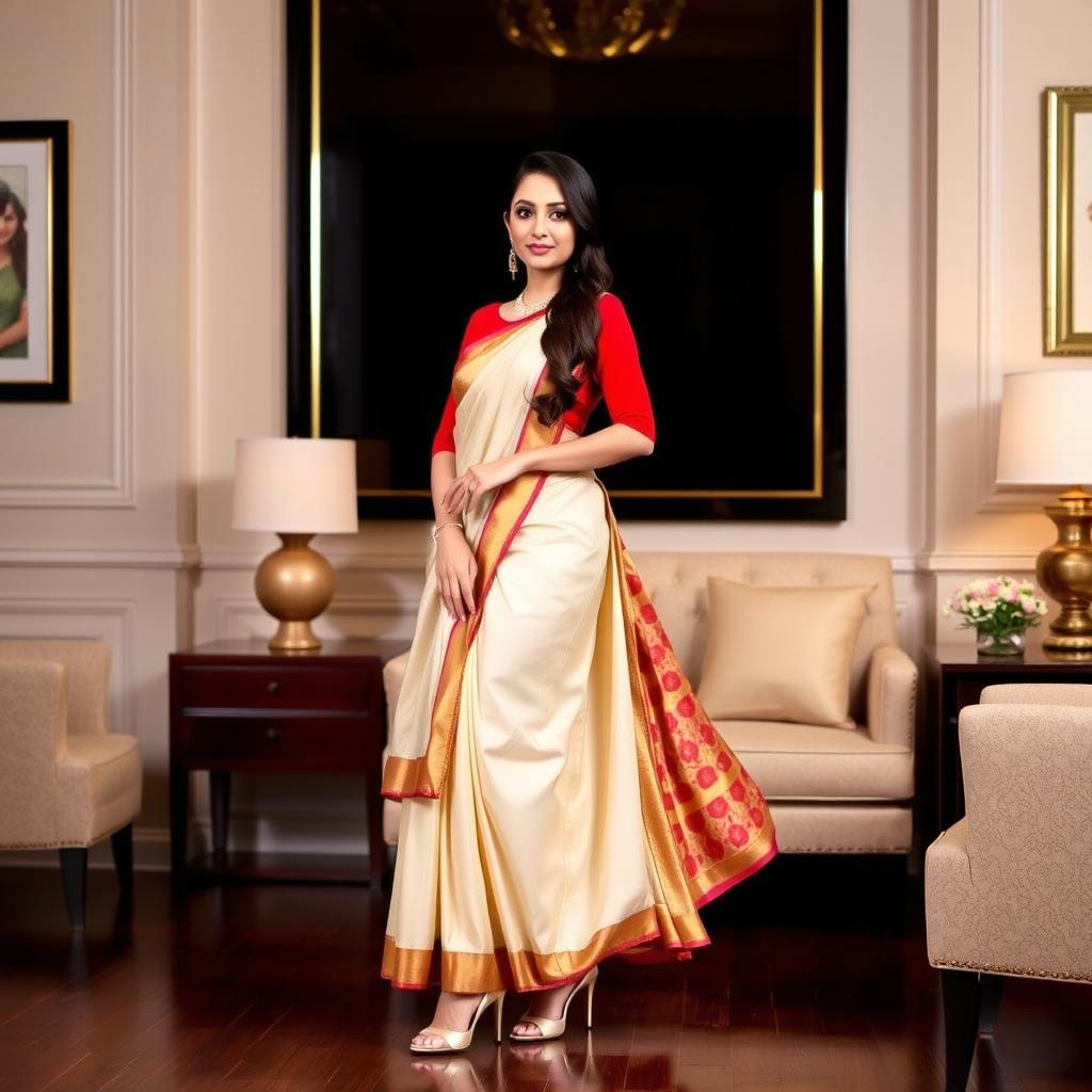 A woman in a cream, golden, and red Mekhela Chadar with a red blouse, elegantly posing in a stylish, well-decorated room