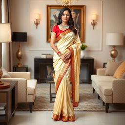 A woman in a cream, golden, and red Mekhela Chadar with a red blouse, elegantly posing in a stylish, well-decorated room