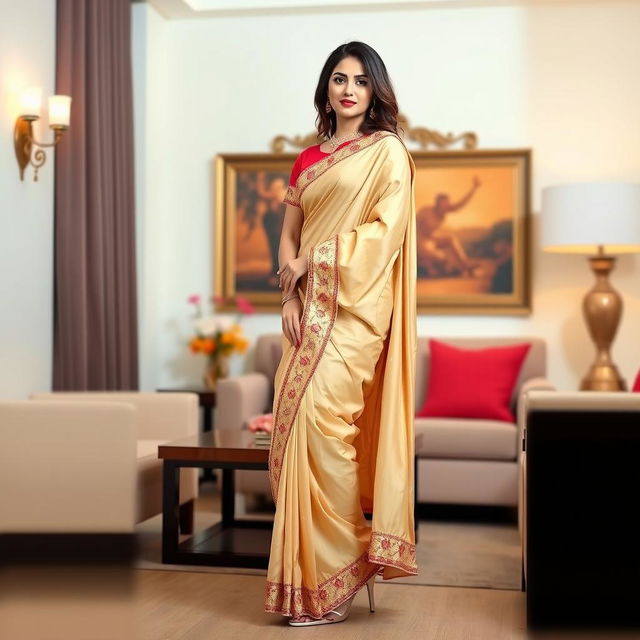 A woman in a cream, golden, and red Mekhela Chadar with a red blouse, elegantly posing in a stylish, well-decorated room