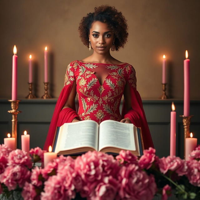 A light-skinned woman with curly hair stands gracefully behind an altar, wearing a luxurious red and gold dress that exudes elegance and sophistication