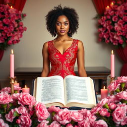 A light-skinned woman with curly hair stands gracefully behind an altar, wearing a luxurious red and gold dress that exudes elegance and sophistication