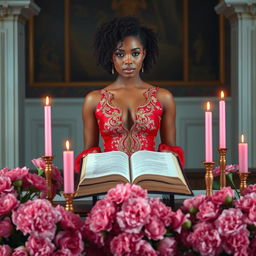 A light-skinned woman with curly hair stands gracefully behind an altar, wearing a luxurious red and gold dress that exudes elegance and sophistication