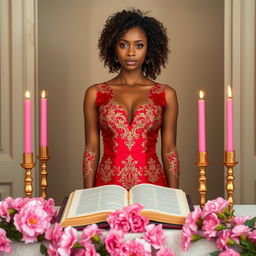 A light-skinned woman with curly hair stands gracefully behind an altar, wearing a luxurious red and gold dress that exudes elegance and sophistication