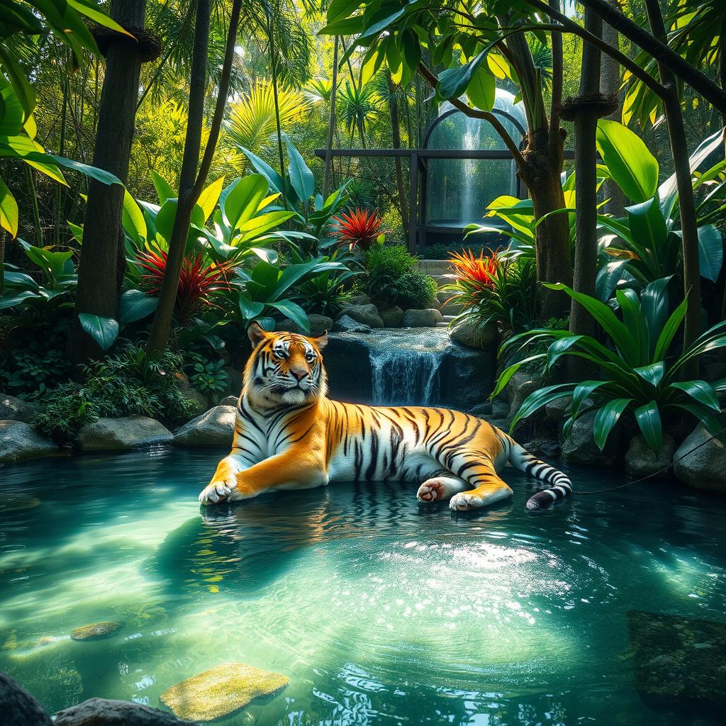A majestic tiger lounging gracefully in a serene jungle oasis