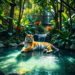 A majestic tiger lounging gracefully in a serene jungle oasis