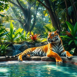 A majestic tiger lounging gracefully in a serene jungle oasis