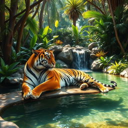 A majestic tiger lounging gracefully in a serene jungle oasis