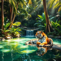 A majestic tiger lounging gracefully in a serene jungle oasis