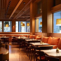 An upscale restaurant interior with high ceilings, elegant lighting fixtures, large windows, and well-placed art. The furniture is modern, comfortable, and stylish, and the overall atmosphere is warm and inviting.