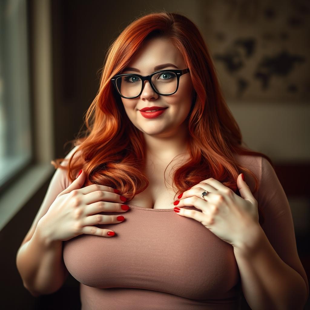 Busty, curvy, and attractive BBW redhead woman with glasses, exuding confidence and charm