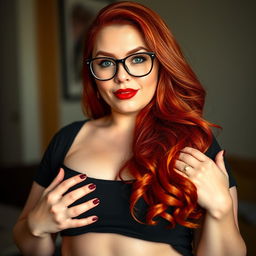 Busty, curvy, and attractive BBW redhead woman with glasses, exuding confidence and charm