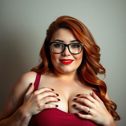 Busty, curvy, and attractive BBW redhead woman with glasses, exuding confidence and charm