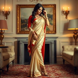 A woman in a cream, golden, and red Mekhela Chadar with a red blouse, artistically posing in a stylish room