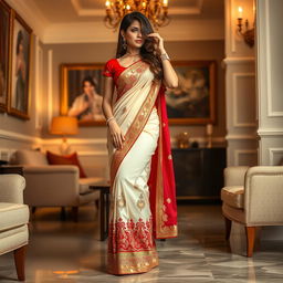 A woman in a cream, golden, and red Mekhela Chadar with a red blouse, artistically posing in a stylish room