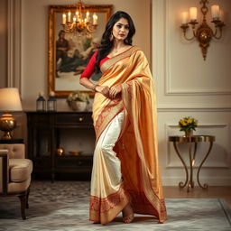 A woman in a cream, golden, and red Mekhela Chadar with a red blouse, artistically posing in a stylish room