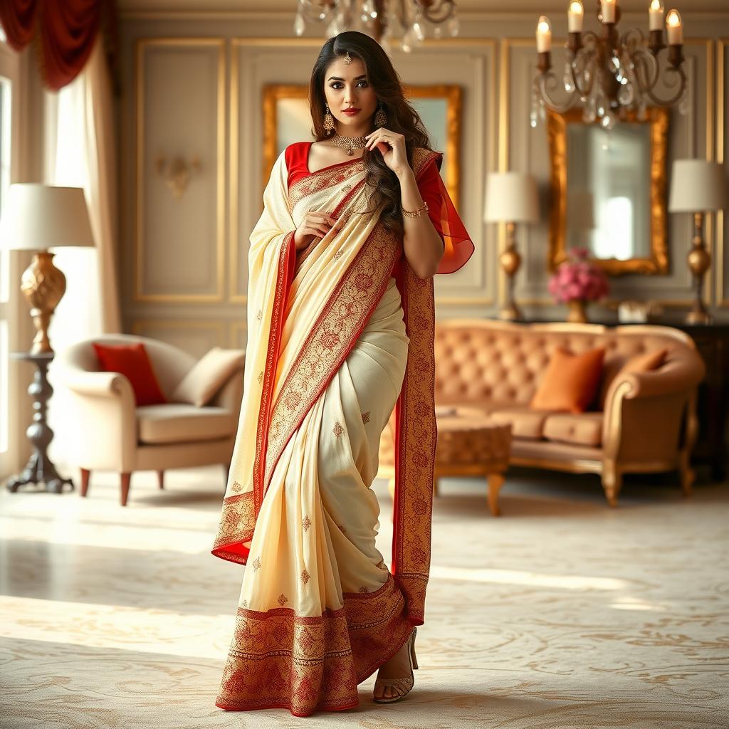 A woman in a cream, golden, and red Mekhela Chadar with a red blouse, artistically posing in a stylish room