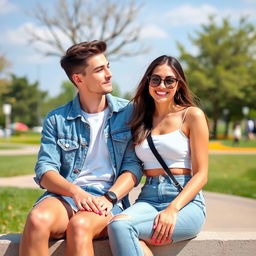 A young woman wearing a fashionable outfit playfully interacts with her boyfriend in a cheeky and romantic manner, with her sitting next to him and giving him a mischievous smile