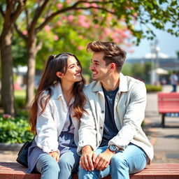 A young woman wearing a fashionable outfit playfully interacts with her boyfriend in a cheeky and romantic manner, with her sitting next to him and giving him a mischievous smile