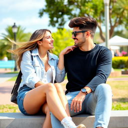 A young woman wearing a fashionable outfit playfully interacts with her boyfriend in a cheeky and romantic manner, with her sitting next to him and giving him a mischievous smile