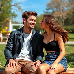 A young woman wearing a fashionable outfit playfully interacts with her boyfriend in a cheeky and romantic manner, with her sitting next to him and giving him a mischievous smile