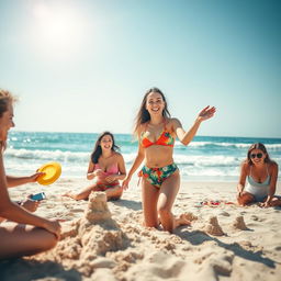 A playful scene where a woman is having fun at the beach with friends, casually enjoying a sunny day