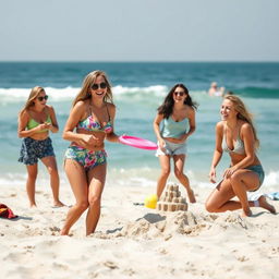 A playful scene where a woman is having fun at the beach with friends, casually enjoying a sunny day