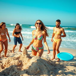 A playful scene where a woman is having fun at the beach with friends, casually enjoying a sunny day