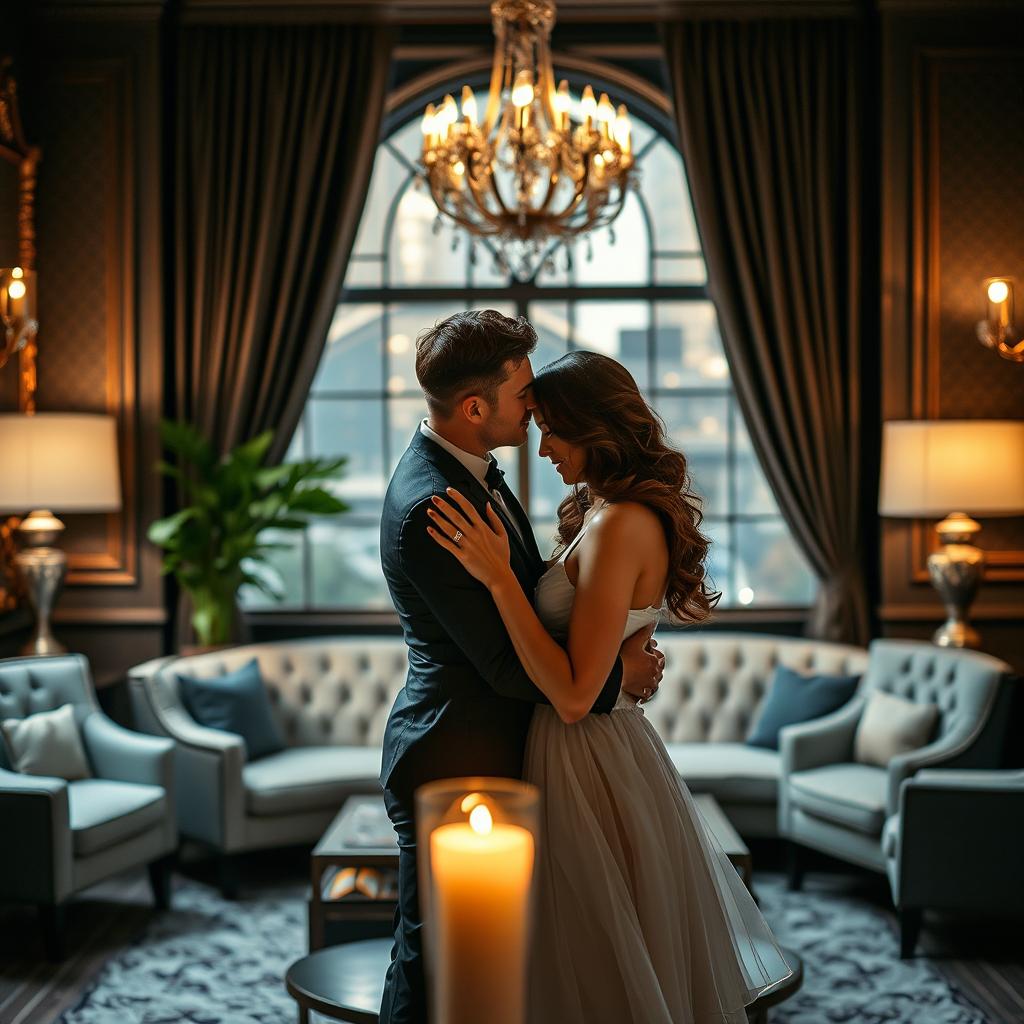 A couple in an intimate setting within a stylish room, capturing a moment of romantic allure and connection