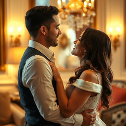 A couple in an intimate setting within a stylish room, capturing a moment of romantic allure and connection