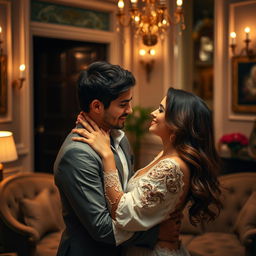 A couple in an intimate setting within a stylish room, capturing a moment of romantic allure and connection