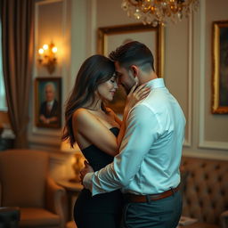 A couple in an intimate setting within a stylish room, capturing a moment of romantic allure and connection