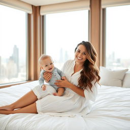 A smiling woman with long, wavy hair sits on a white bed, wearing a loose, white button-up dress