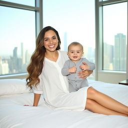 A smiling woman with long, wavy hair sits on a white bed, wearing a loose, white button-up dress