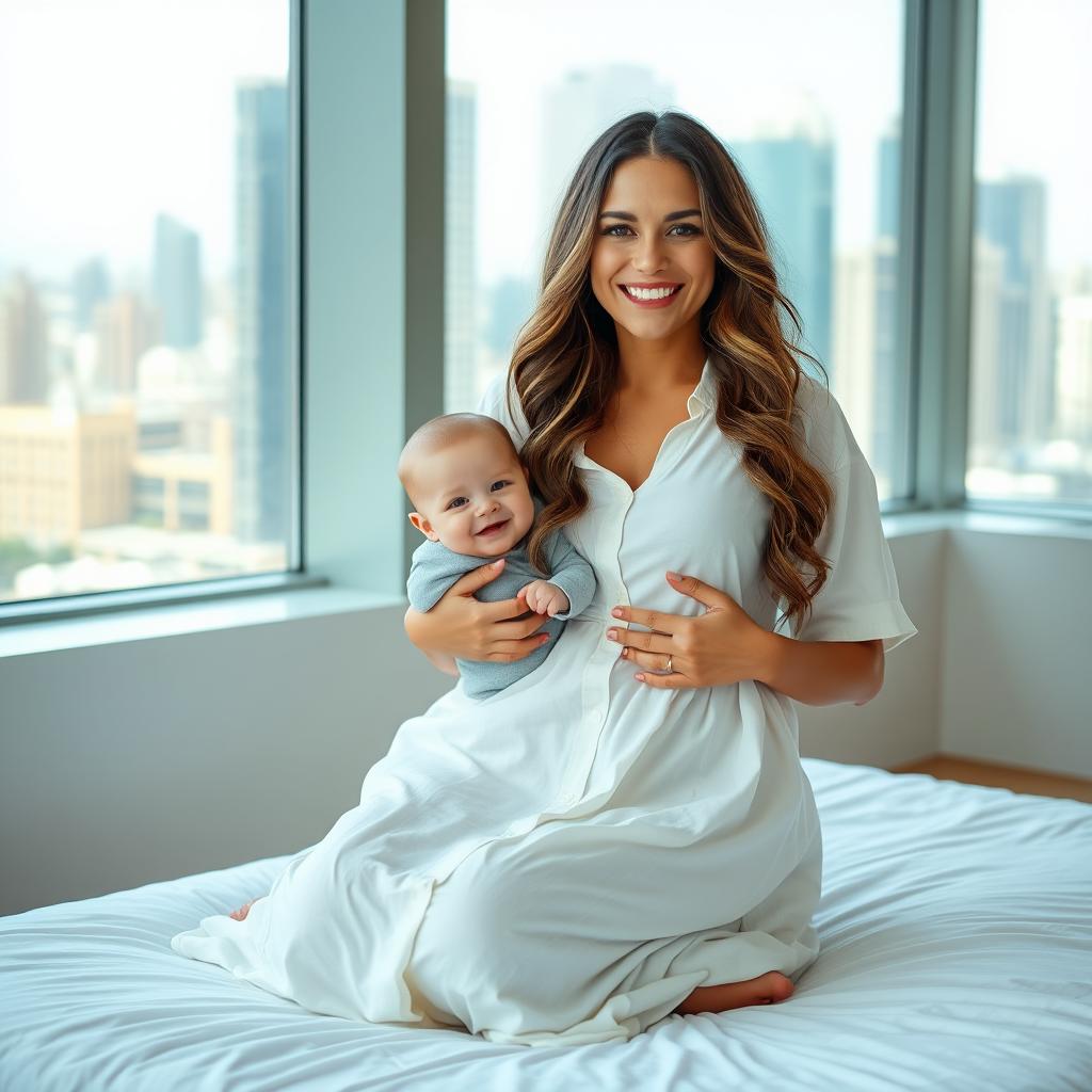 A smiling woman with long, wavy hair sits on a white bed, wearing a loose, white button-up dress