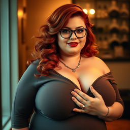 A voluptuous BBW (big beautiful woman), chubby and curvaceous with a captivating allure, sporting fiery red hair and stylish glasses