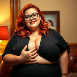 A voluptuous BBW (big beautiful woman), chubby and curvaceous with a captivating allure, sporting fiery red hair and stylish glasses