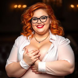 A voluptuous BBW (big beautiful woman), chubby and curvaceous with a captivating allure, sporting fiery red hair and stylish glasses