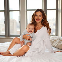 A smiling woman with long, wavy hair sits on a white bed, wearing a loose, white button-up dress