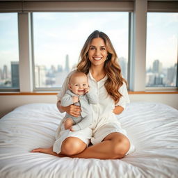 A smiling woman with long, wavy hair sits on a white bed, wearing a loose, white button-up dress