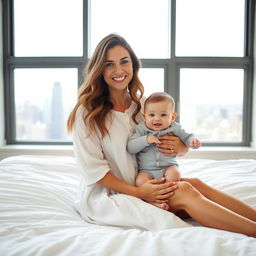 A smiling woman with long, wavy hair sits on a white bed, wearing a loose, white button-up dress