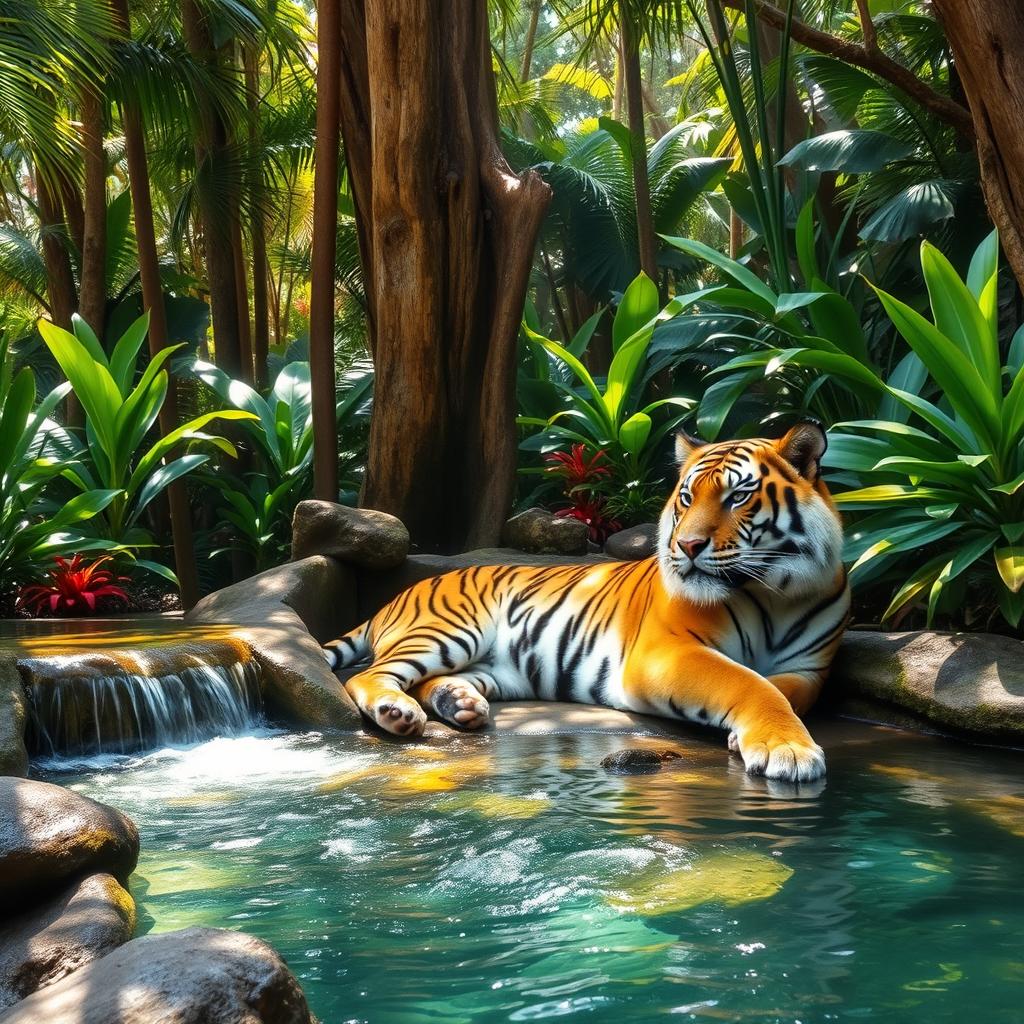 A majestic tiger lounging gracefully in a serene jungle oasis