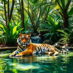 A majestic tiger lounging gracefully in a serene jungle oasis