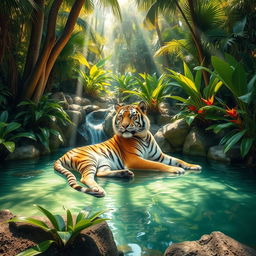 A majestic tiger lounging gracefully in a serene jungle oasis