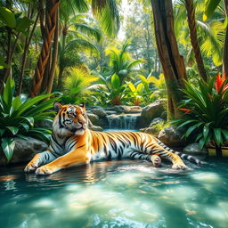 A majestic tiger lounging gracefully in a serene jungle oasis