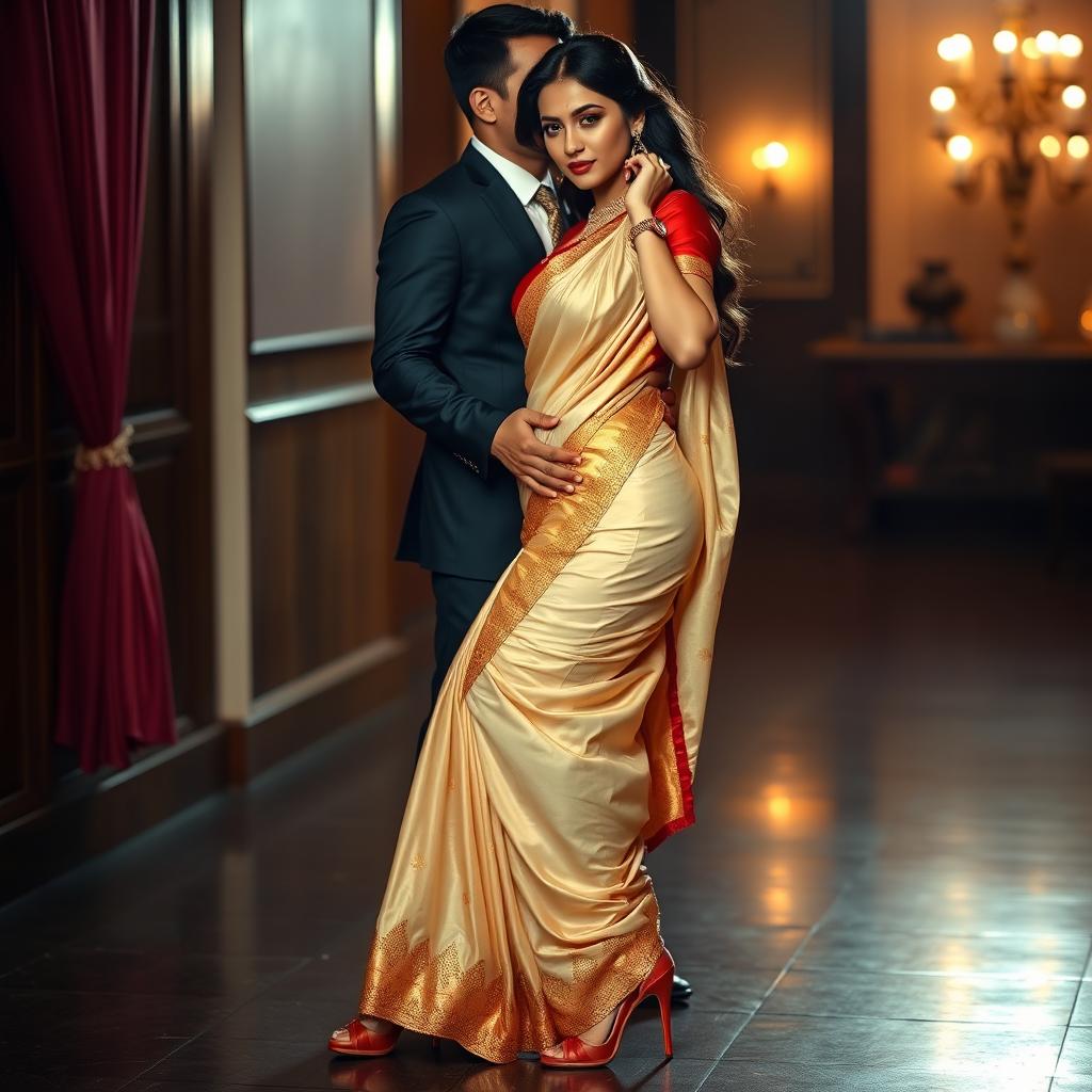 A beautiful Thai woman with a curvaceous figure poses seductively, wearing an alluring Mekhela Chadar in a striking cream, golden, and red color combination