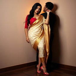 A beautiful Thai woman with a curvaceous figure poses seductively, wearing an alluring Mekhela Chadar in a striking cream, golden, and red color combination