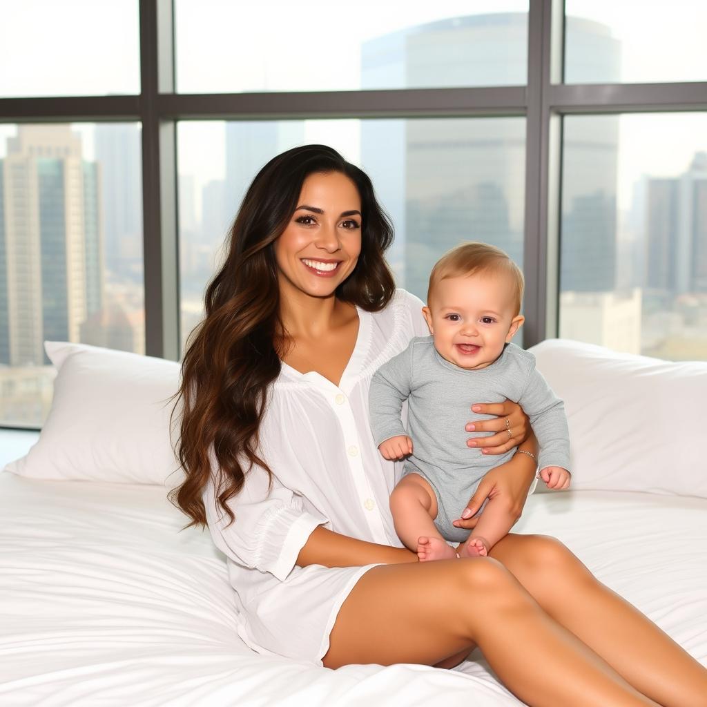 A smiling woman with long, wavy hair sits on a white bed, wearing a loose, white button-up dress