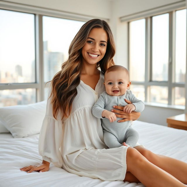 A smiling woman with long, wavy hair sits on a white bed, wearing a loose, white button-up dress